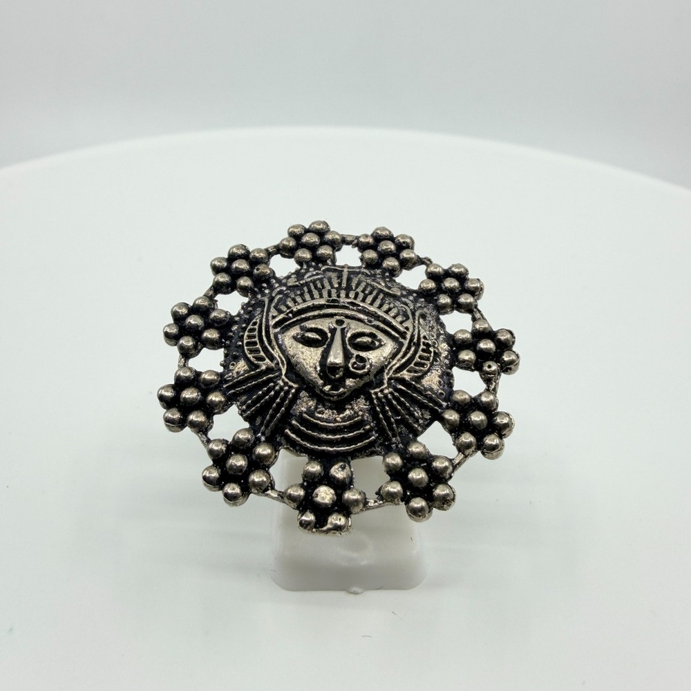 Vintage Silver Tone Goddess Face Shield Ring Boho Size 6 Retro Statement